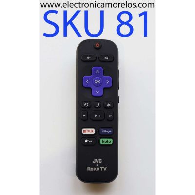 CONTROL REMOTO JVC ROKU ORIGINAL PARA SMART TV / NUMERO DE PARTE 3226001050 / RC-AFIR / GZL-P20022-C07 / MODELOS LT-43MAW595 / LT-40MAW305 / LT-58MAW595 / LT-55MAW595 / LT-32MAW205 / LT-55MAW804 / LT-58MAW804 / LT-65MAW595 / MAS MODELOS EN DESCRIPCIÓN